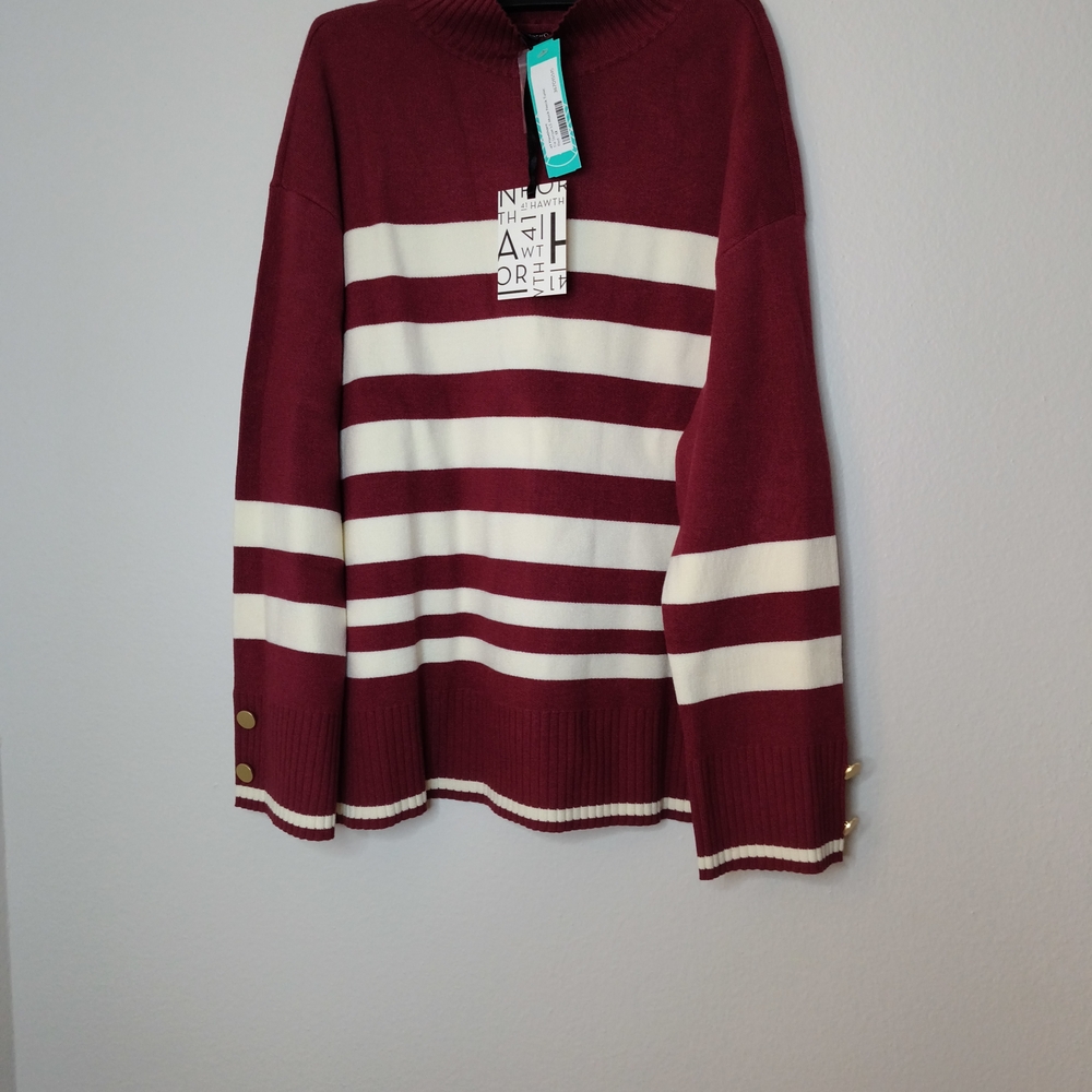 41 Hawthorn Tia Mock Neck Burgundy and White Striped Sweater